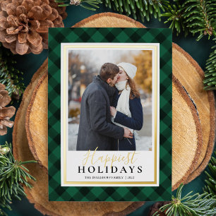 Carte De Vœux En Aluminium Rustic Green Buffalo Plaid Happest Holidays Photo