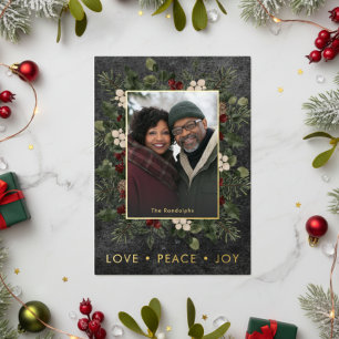 Carte De Vœux En Aluminium Rustic Holly Berries Black Christmas Love Peace