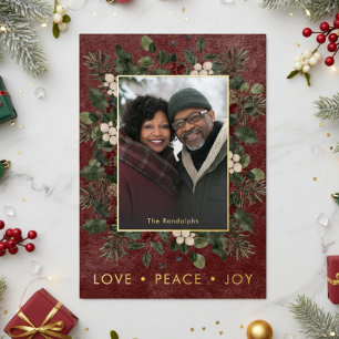 Carte De Vœux En Aluminium Rustic Holly Berries Bourgogne Noël Amour Paix