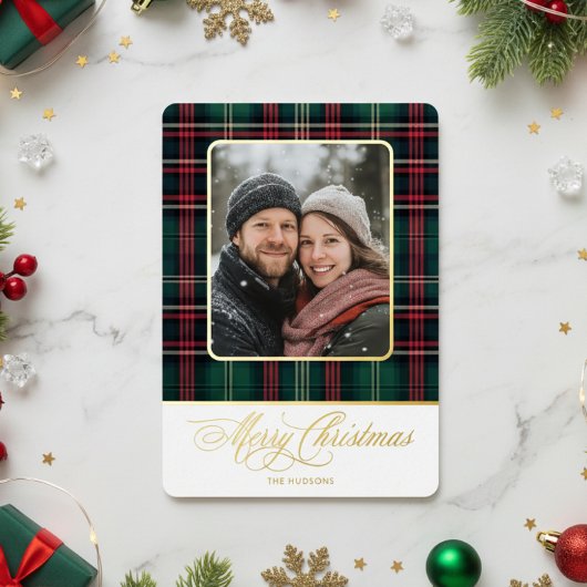 Carte De Vœux En Aluminium Rustic Plaid Photo Joyeux Noël