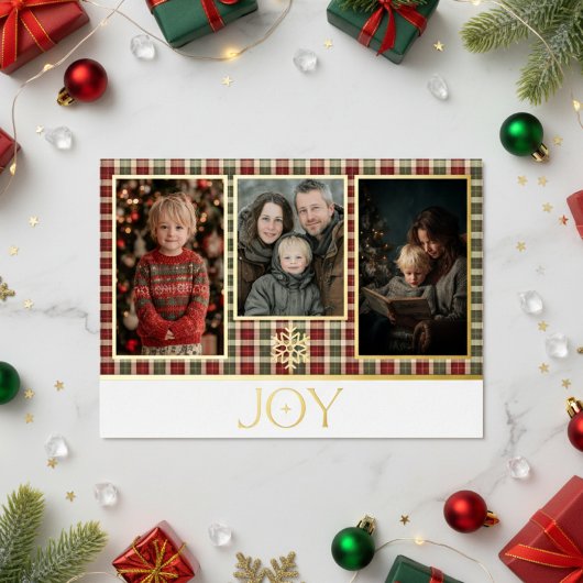 Carte De Vœux En Aluminium Rustic Red & Green Plaid Christmas Joie Photo