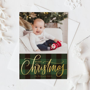 Carte De Vœux En Aluminium Rustique Buffle vert Plaid Joyeux Noël Photo