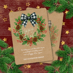 Carte De Vœux En Aluminium Rustique Holly Wreath Blanc Noir À damiers Bow Or