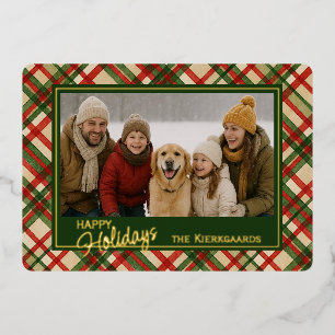 Carte De Vœux En Aluminium Rustique Rouge Vert Plaid Aquarelle Motif Et Or
