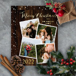 Carte De Vœux En Aluminium Rustique Woodsy Faux Bois Joyeux Noël 4 Photo<br><div class="desc">Bois rustique en bois foncé "Joyeux Noël" quatre photos encadrées collage vacances design avec du vrai texte en feuille d'or à l'avant et avec un motif de flocon de neige sur le bois foncé comme un arrière - plan à l'arrière. Ajoutez simplement votre nom de famille et l'année ainsi que...</div>