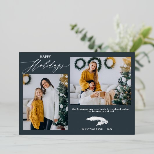 Carte De Vœux En Aluminium Script 2 photos Noël bleu heureux (Debout devant)