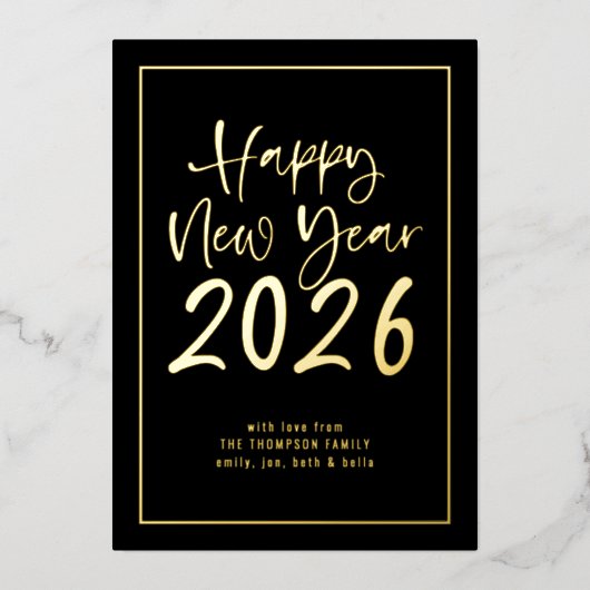 Carte De Vœux En Aluminium Script Bordure Bonne année 2026 Photo Noir (Recto)