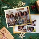 Carte De Vœux En Aluminium Script de calligraphie moderne 4 photo or de Noël<br><div class="desc">Moderne simple minimaliste élégant blanc et vrai feuille d'or 4 photos de famille personnalisées Nous vous souhaitons une jolie carte de vacances de Noël (modèle de texte superposé). Facile à personnaliser avec vos photos, texte, nom de famille et vos souhaits des deux côtés ! Veuillez noter que la couleur de...</div>