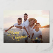 Carte De Vœux En Aluminium Script de Noël complet Photo Boho Verdure Or (Recto)