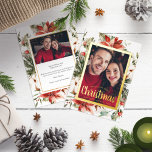 Carte De Vœux En Aluminium Script de Noël photo<br><div class="desc">Cette élégante carte photo de Noël présente un cadre magnifique de verdure aquarelle peinte à la main, des fleurs et des baies avec un cadre en or réel et un script élégant. Le dos comprend la même illustration avec une deuxième photo et un texte pour personnaliser votre message. Trouvez les...</div>