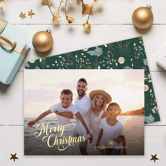 Carte De Vœux En Aluminium Script de Noël Photo complète Boho Green Gold
