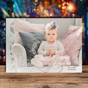Carte De Vœux En Aluminium Script Élégant Bonne Année Rose Gold