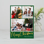 Carte De Vœux En Aluminium Script Festif Vert 3 Photo Joyeux Noël Or (Debout devant)