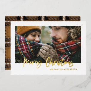 Carte De Vœux En Aluminium script joyeux noël moutarde tartan photo