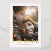 Carte De Vœux En Aluminium script joyeux noël rouge tartan photo (Recto)