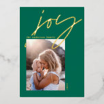 Carte De Vœux En Aluminium script minimal moderne joie 1 photo vert élégant<br><div class="desc">Design minimaliste moderne vert joie 1 carte de vacances photo. Design élégant en or,  argent et or rose.</div>