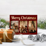 Carte De Vœux En Aluminium Script minimal trois photo rouge Joyeux Noël<br><div class="desc">Mini Script Trois Photo Rouge Joyeux Noël Foil Carte de vacances. (Crédits photos à Cottonbro sur Pexels. Veuillez le remplacer par le vôtre.)</div>