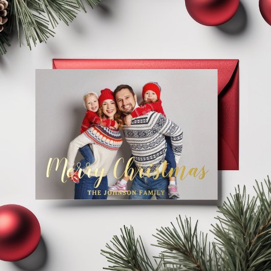 Carte De Vœux En Aluminium Script moderne Christmas Photo Gold