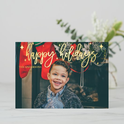 Carte De Vœux En Aluminium Script moderne Noël Gold Fhuile photo Holiday (Debout devant)