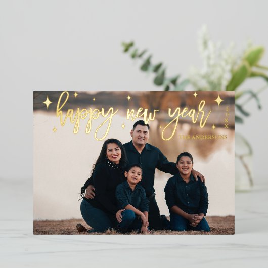 Carte De Vœux En Aluminium Script moderne Nouvel An Gold Fhuile photo (Debout devant)