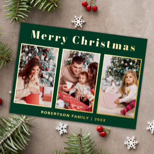 Carte De Vœux En Aluminium Script moderne Trois photo Vert Joyeux Noël