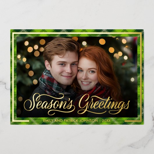 Carte De Vœux En Aluminium Seasons Greetings | Christmas Green Plaid Photo (Recto)