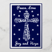 Carte De Vœux En Aluminium Silver Blue Peace Love Joy Hope Cross Christmas (Recto)