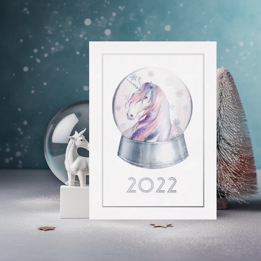Carte De Vœux En Aluminium Silver Unicorn Globe des neiges Noël