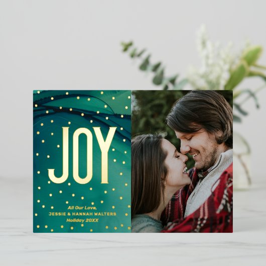 Carte De Vœux En Aluminium Simple JOIE sur une photo verte abstraite (Debout devant)