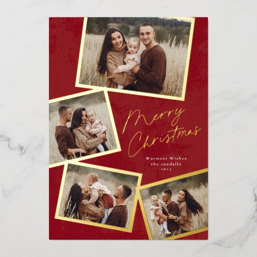 Carte De Vœux En Aluminium Simple script de collage de 4 photos Joyeux Noël (Recto)