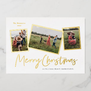 Carte De Vœux En Aluminium Simple Script Joyeux Noël 3 Photo Montage Or