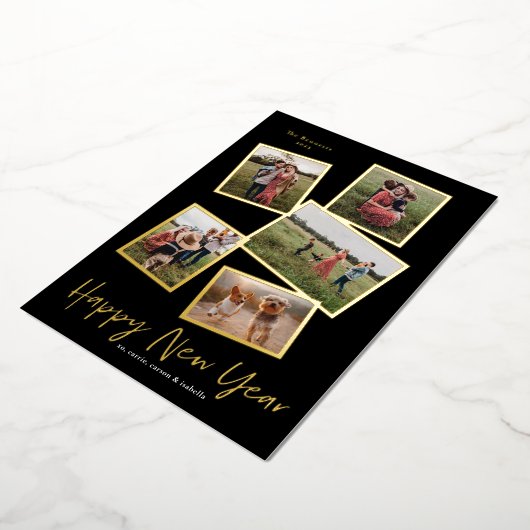 Carte De Vœux En Aluminium Simple Script New Year 5 Photo Collage (Rotation)