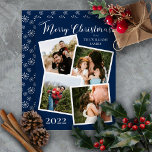Carte De Vœux En Aluminium Snowflakes Retro Joyeux Noël 4 Photo Dk Blue F<br><div class="desc">Un bleu foncé massif avec le texte en papier argenté "Joyeux Noël" quatre photos encadrées collage design vacances. L'arrière est orné d'un motif récurrent de flocons de neige gris clair et rétro de style quarantaine sur un arrière - plan bleu foncé. Ajoutez simplement votre nom de famille et l'année ainsi...</div>