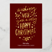 Carte De Vœux En Aluminium Souhaitez-vous Joyeux Noël Red Gold Script Busines (Recto)