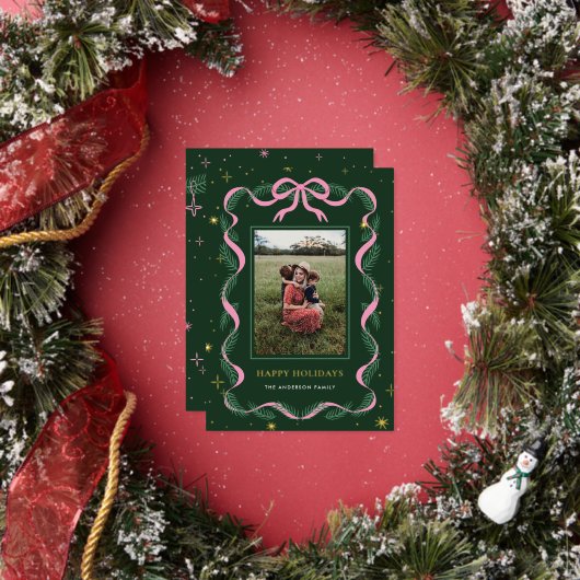 Carte De Vœux En Aluminium Sparkly Pink Bow Wreath Christmas Foil Card (Insitu)