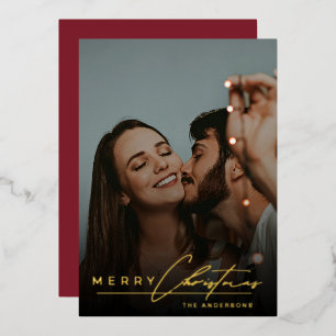 Carte De Vœux En Aluminium Stylish Script Minimaliste 1 Photo Rouge Noël