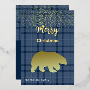 Carte De Vœux En Aluminium Tartan Bleu de Noël et Ours Doré