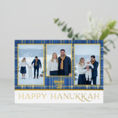 Carte De Vœux En Aluminium Tartan bleu & or Plaid Happy Hanoukka Photo (Debout devant)