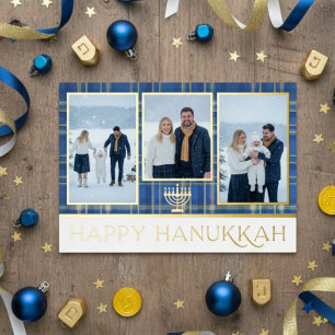 Carte De Vœux En Aluminium Tartan bleu & or Plaid Happy Hanoukka Photo