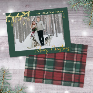 Carte De Vœux En Aluminium Tartan Vert Or Dessiné à la Main Joyeux Noël