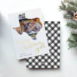 Carte De Vœux En Aluminium Texas Christmas | Collage<br><div class="desc">Merry Christmas, y'all ! This cute Texas holiday card fethe saying in whimsical gold foil script lettering beneath a silhouette of the state of Texas, holding four of your favorite photos. Personalize with your custom greeting and names along the bottom. Patteriser Cards reverse to a handpainted black and white buffalo...</div>
