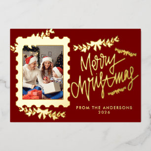 Carte De Vœux En Aluminium Timbre de Noël élégant à feuilles d'or