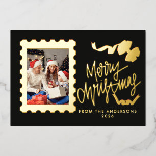 Carte De Vœux En Aluminium Timbre-élégant-avec-feuille-dorée-Joyeux-Noël