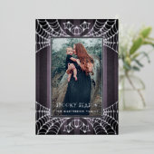 Carte De Vœux En Aluminium Toiles d'araignées à bandes violettes photo Hallow (Debout devant)