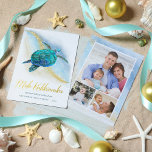 Carte De Vœux En Aluminium Tortue de mer Mele Kalikimaka 3 Photo<br><div class="desc">Une véritable feuille d'or ajoute de l'élégance à cette carte de Noël à thème côtier, avec une tortue de mer bleu turquoise d'aquarelle sur un arrière - plan de plage abstrait avec une parties scintillant d'or brillant vague, et l'écriture Mele Kalikimaka or. Sur le dos sont 3 modèles photo pour...</div>