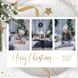 Carte De Vœux En Aluminium Trois Photo, Élégant Joyeux Script de Noël, Réel<br><div class="desc">Elégant collage photo carte de vacances Noël avec trois modèles photo pour vous de personnaliser avec vos propres images. Section de texte personnalisée sur le devant pour le nom de famille, le nom ou l'année. Retournez avec la section modèle de texte pour ajouter n'importe quel message que vous voulez, ou...</div>