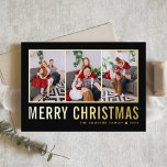 Carte De Vœux En Aluminium Typographie classique Collage photo Noël noir<br><div class="desc">Joyeux Noël! Envoyez vos souhaits chaleureux cette saison avec cette carte de collage photo de Noël personnalisable. Il est doté d'une typographie simple. Personnalisez en ajoutant trois photos,  noms,  année et autres détails. Cette carte de Noël en feuille d'or moderne est disponible en d'autres couleurs et en carton.</div>