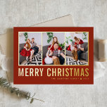 Carte De Vœux En Aluminium Typographie classique Collage photo Noël rouge<br><div class="desc">Joyeux Noël! Envoyez vos souhaits chaleureux cette saison avec cette carte de collage photo de Noël personnalisable. Il est doté d'une typographie simple. Personnalisez en ajoutant trois photos,  noms,  année et autres détails. Cette carte de Noël en feuille d'or moderne est disponible en d'autres couleurs et en carton.</div>