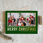 Carte De Vœux En Aluminium Typographie classique Collage photo Noël vert<br><div class="desc">Joyeux Noël! Envoyez vos souhaits chaleureux cette saison avec cette carte de collage photo de Noël personnalisable. Il est doté d'une typographie simple. Personnalisez en ajoutant trois photos,  noms,  année et autres détails. Cette carte de Noël en feuille d'or moderne est disponible en d'autres couleurs et en carton.</div>