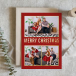 Carte De Vœux En Aluminium Typographie moderne rouge Noël Trois photos<br><div class="desc">Joyeux Noël! Envoyez des voeux de Noël à votre famille et à vos amis avec cette carte photo de Noël personnalisable en feuille d'or. Il présente une typographie simple et un sapin de Noël. Les textes sont entièrement personnalisables pour tous les salutations. Cette carte de Noël moderne est disponible en...</div>